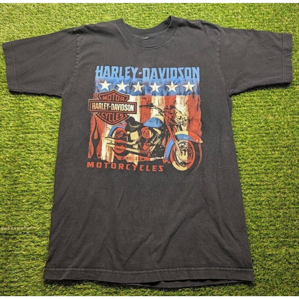Harley-Davidson American Flag Motorcycle Graphic T-Shirt Black SZ Med